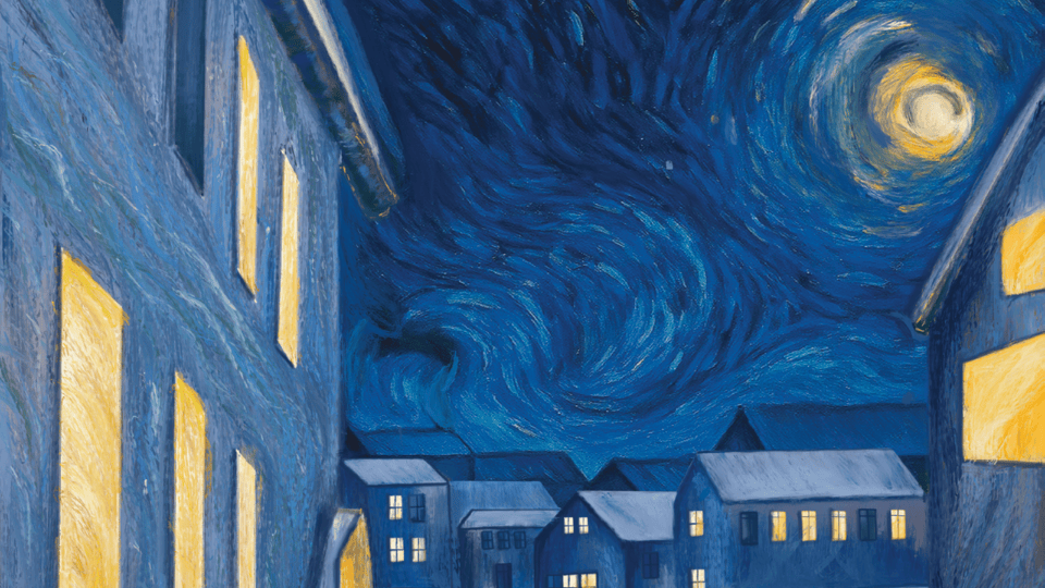 Illustration of a night sky with swirling blue patterns and a bright full moon, reminiscent of Van Gogh’s Starry Night, above a town of blue-toned buildings with glowing yellow windows.