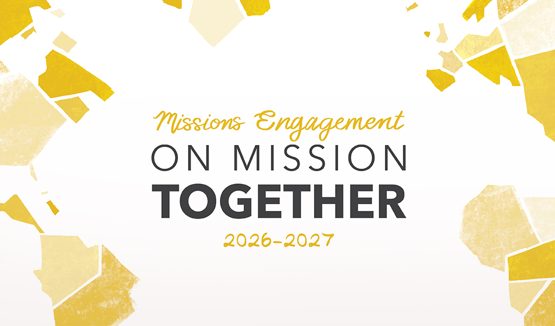 Graphic featuring a stylized gold world map forming the border, with centered text reading “Missions Engagement ON MISSION TOGETHER 2026–2027,” where “Missions Engagement” and “2026–2027” appear in gold script and “ON MISSION TOGETHER” appears in bold dark lettering.