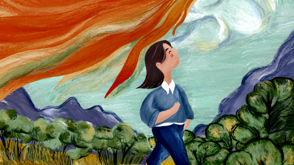 Illustrated scene of a person walking outdoors among green trees and mountains under a swirling sky. A large flowing orange shape stretches across the top of the image, creating a dynamic, colorful contrast against the blue-green background.